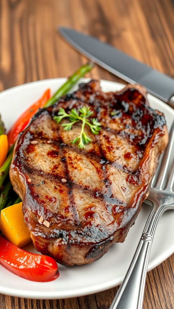A juicy ribeye steak with roasted vegetables on a rustic plate, garnished with herbs.